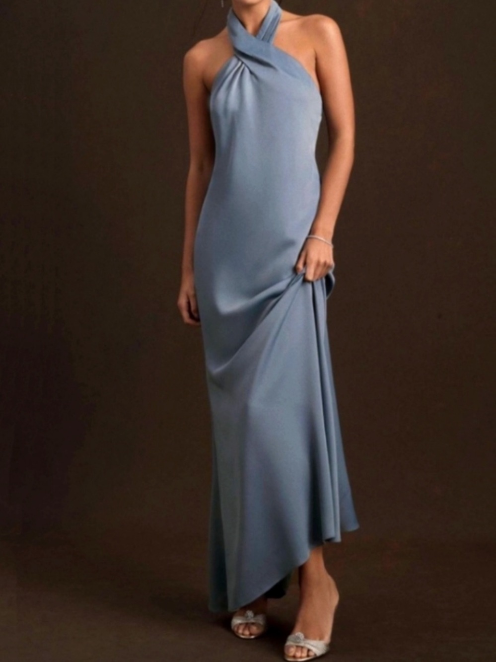 Anthropologie BHLDN Halter Twist-Front Satin Maxi Dress in Dusty Blue